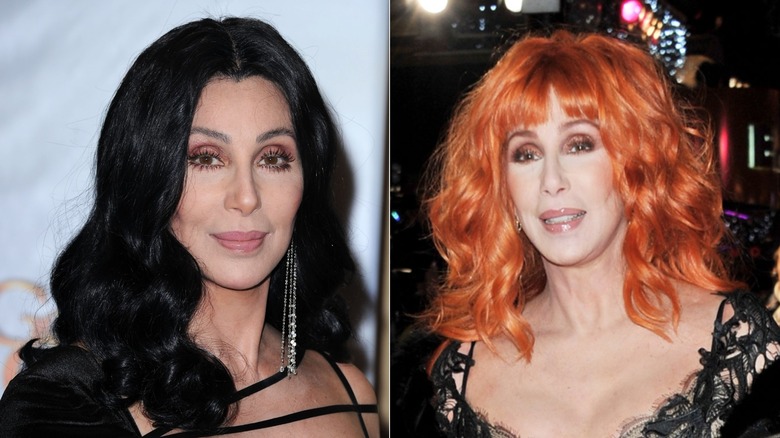 Escupir imagen de Cher posando en un evento con cabello negro a la izquierda y Cher sonriendo con cabello naranja a la derecha.