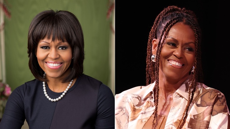 Imagen dividida de Michelle Obama sonriendo con flequillo y una sacudida a la izquierda y sonriendo y usando trenzas a la derecha.
