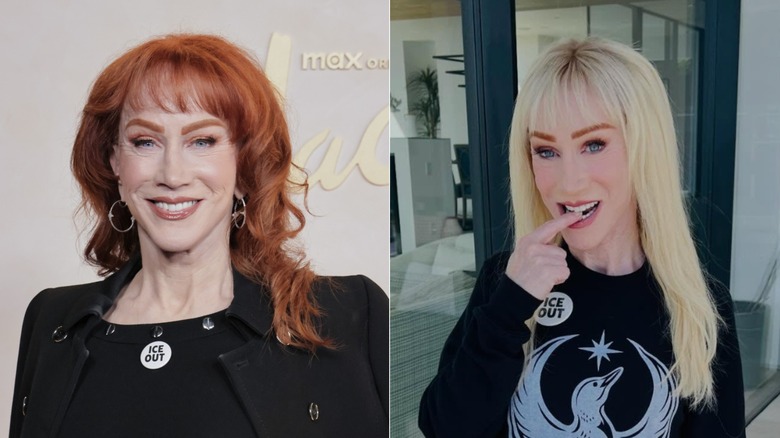 Imagen dividida de Kathy Griffin sonriendo en una alfombra roja con cabello rojo a la izquierda y mordiéndose el dedo mientras lleva cabello rubio a la derecha.