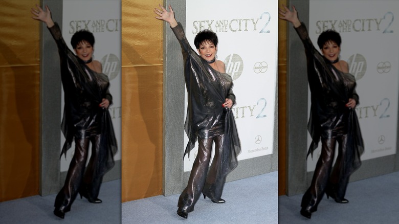 Liza Minnelli posando en un evento de alfombra roja luciendo un conjunto metalizado y el brazo en alto.
