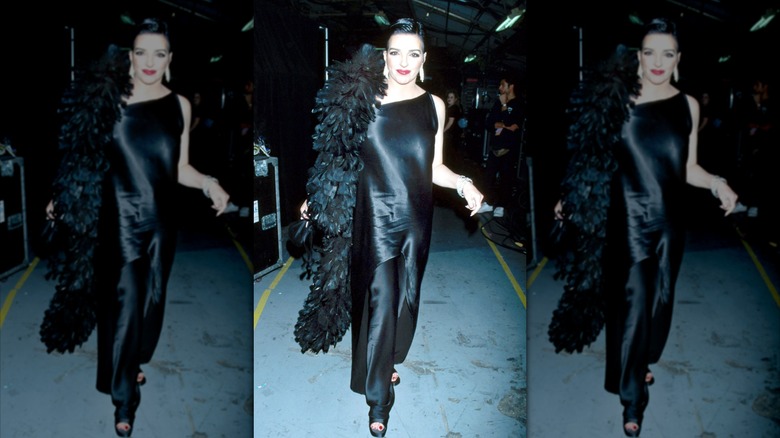 Liza Minnelli posando con un vestido negro con una boa negra y el pelo peinado hacia atrás.