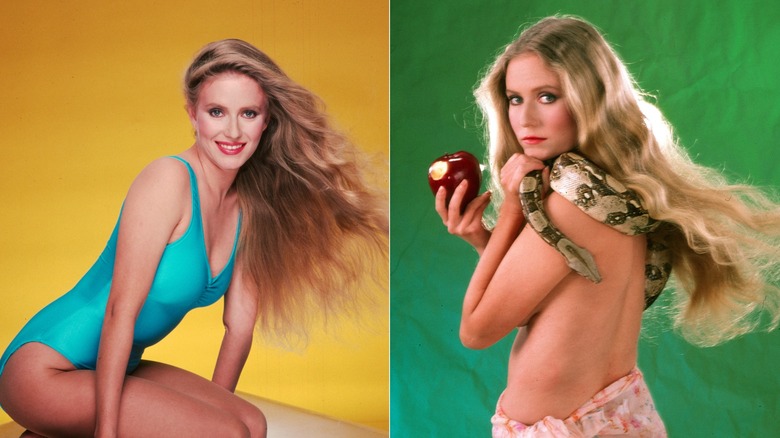Eve Plumb en traje de baño en 1982 al lado de un atrevido retrato de una sesión de fotos con el tema de Adán y Eva