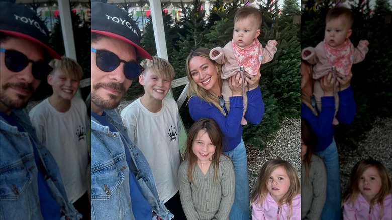 Hilary Duff sonriendo con sus cuatro hijos y su esposo Matthew Koma