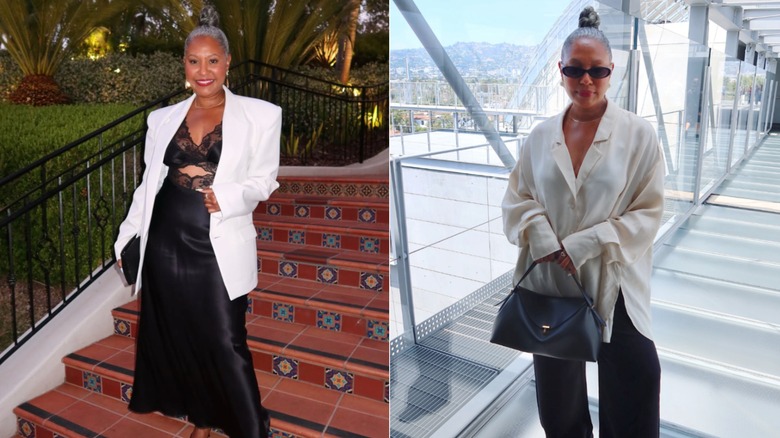 Tennille Jenkins sonríe con un vestido negro y una chaqueta blanca / Tennille Jenkins posa con una camisa blanca y gafas de sol
