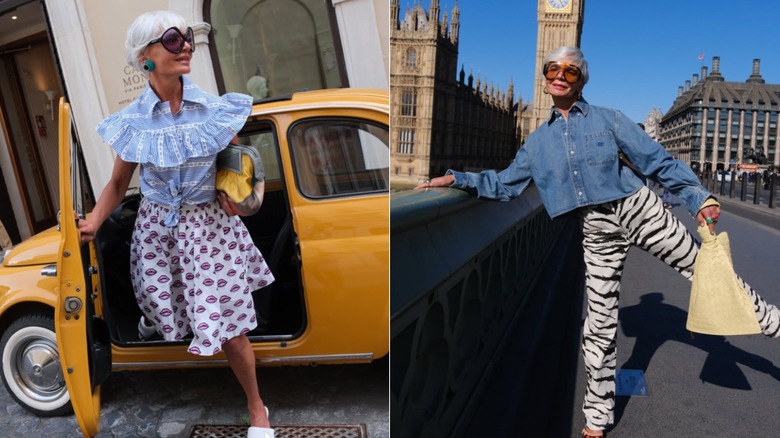 Grece Ghanem se baja de un taxi amarillo vistiendo / Grece Ghanem vistiendo pantalones de cebra y una camisa vaquera