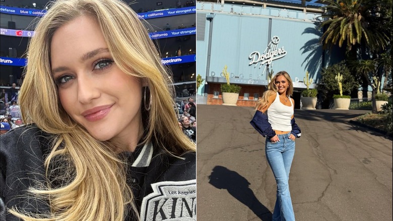 A la izquierda, Maggie Sajak se tomó una selfie con su cabello rubio enmarcando su rostro en un juego de los LA Kings en marzo de 2026, y a la derecha, Sajak posa frente al Dodger Stadium con jeans, una camiseta sin mangas blanca y una chaqueta colgando de sus codos en 2025.