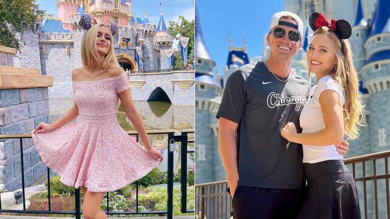 A la izquierda, Maggie Sajak posa con un vestido de encaje rosa frente al castillo de la Bella Durmiente en Disneyland Resort en 2021. A la derecha, Sajak posa con Jackson Olson en Walt Disney World Resort en 2026.