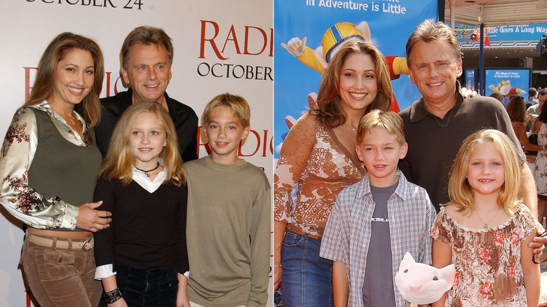 A la izquierda, Maggie Sajak asiste a un evento de alfombra roja con su familia con un vestido negro de manga larga con un cuello blanco asomando. A la derecha, Maggie Sajak asiste al estreno de Stuart Little 2 con su familia en Los Ángeles en 2002, vestida con una camisa floral y jeans.