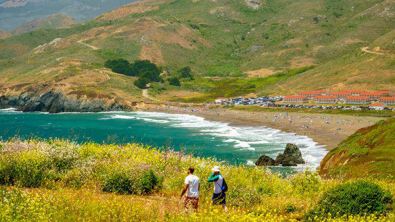 Dos excursionistas recorren un campo de flores silvestres en la costa cerca de For Cronkhite.