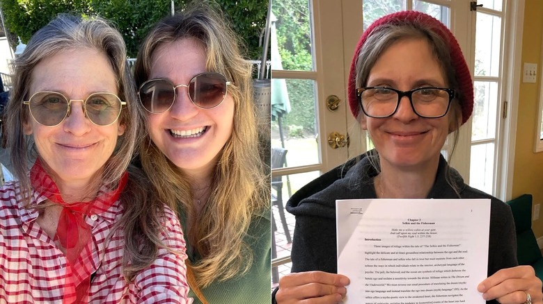 Foto de lado a lado de Helen Slater con su hija y sosteniendo un ensayo