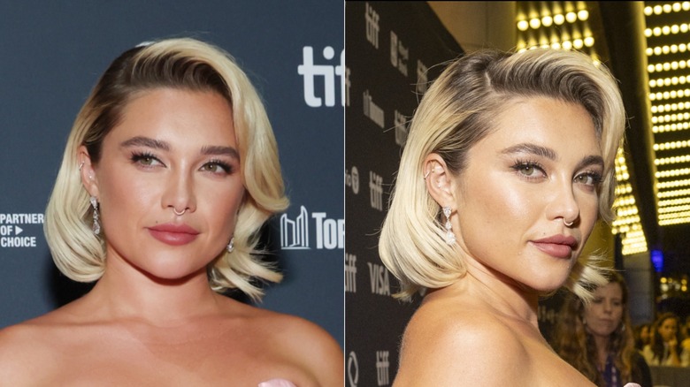 Florence Pugh luciendo un romántico bob rizado en dos fotografías una al lado de la otra