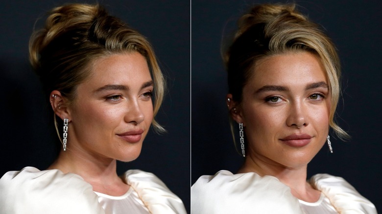 Al lado de dos fotos de Florence Pugh con un recogido volteado