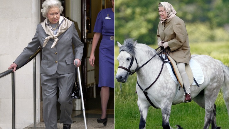 La reina Isabel II con un traje gris y equipo de montar en la década de 2000