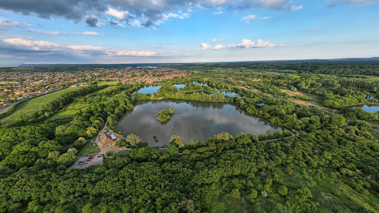 Vista de los lagos Thatcham y el Nature Discovery Center desde arriba