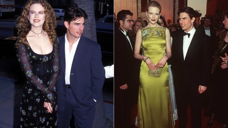 Nicole Kidman con un vestido floral negro y Tom Cruise con un traje azul en 1993 a la izquierda y con un vestido amarillo y esmoquin negro en un evento de 1997 a la derecha.