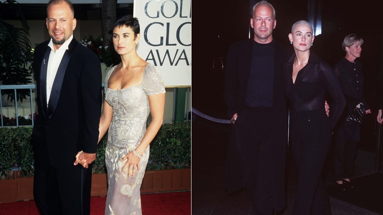 Demi Moore con pelo corto con un vestido plateado y Bruce Willis con vello facial con esmoquin en 1995 a la izquierda y vestido completamente de negro en un evento en 1996 a la derecha.