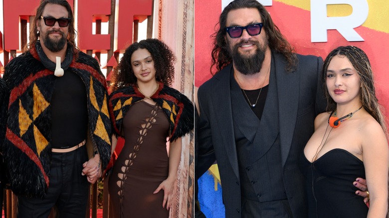 Lola Momoa posando con su padre Jason Momoa con atuendos de inspiración hawaiana en 2025 a la izquierda y ambos en la alfombra roja en 2026 a la derecha.