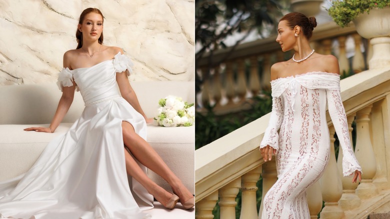 (L) Una mujer con un look nupcial sencillo y coordinado (R) Una mujer con mucha textura de moda nupcial