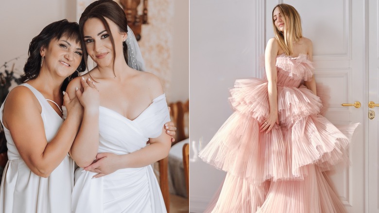 (L) Dos mujeres con vestidos blancos clásicos (R) Una mujer con un vestido rosa rubor