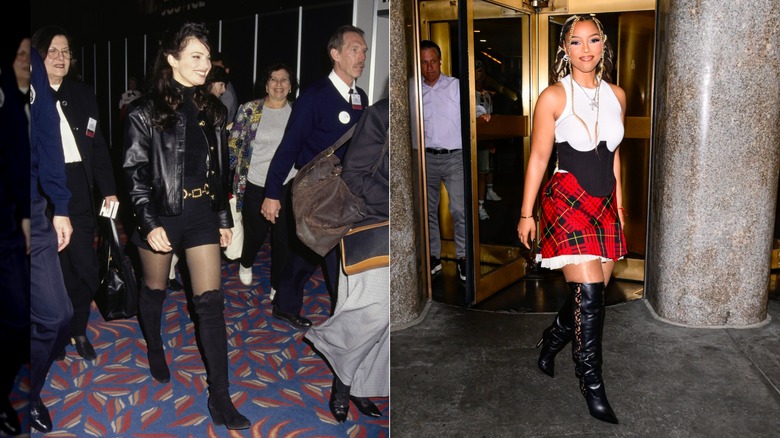 Izquierda: Fran Drescher usa botas negras hasta la rodilla en la Convención de la Asociación Nacional de Ejecutivos de Programas de Televisión de 1995. Derecha: Chloe Bailey usa botas negras por encima de la rodilla cuando dejó NBC Studio en junio de 2026.