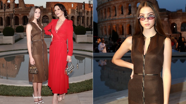 Carys Douglas con un vestido transparente marrón con Catherine Zeta Jones en Roma
