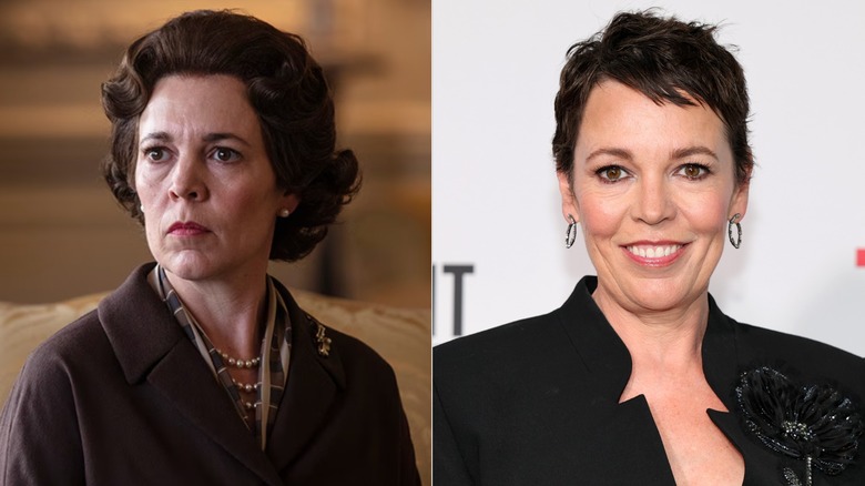 Fotografías una al lado de la otra de Olivia Colman en el personaje de la reina Isabel (izquierda) y ella misma en la alfombra roja (derecha)