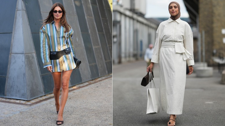 Una invitada con un vestido camisero a rayas verdes, azules y blancas durante la Semana de la Moda de Copenhague en agosto de 2026 / Una invitada con un vestido camisero blanco con rayas diplomáticas y un hijab marrón durante la Semana de la Moda de Copenhague en julio de 2026