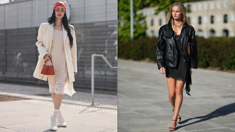 Heart Evangelista con un vestido lencero color crema y una chaqueta durante la Semana de la Moda de París en marzo de 2026 / Una invitada con un vestido lencero negro y una chaqueta de cuero negra durante la Semana de la Moda de Copenhague en julio de 2026