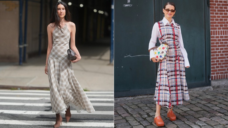 Danielle Smith con un vestido halter a cuadros beige y blanco fuera del desfile de Kallmeyer durante la Semana de la Moda de Nueva York en septiembre de 2025 / Una invitada con un vestido a cuadros colorido y una camisa blanca con botones durante la Semana de la Moda de Copenhague en agosto de 2026