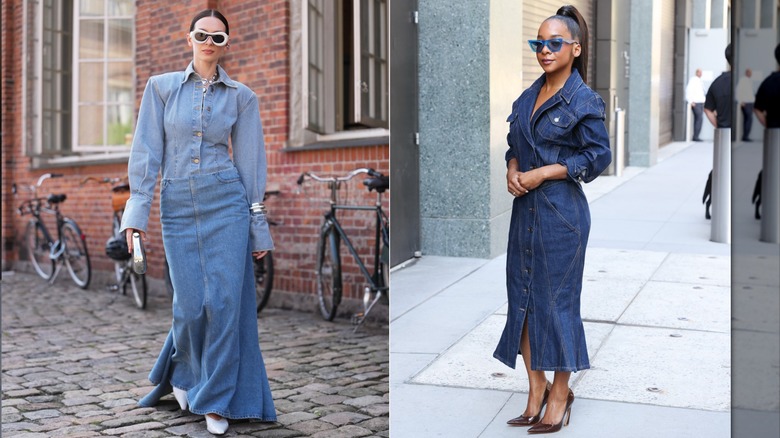 Una invitada con un vestido largo de mezclilla con lavado claro durante la Semana de la Moda de Copenhague en agosto de 2026 / Kara Young afuera 