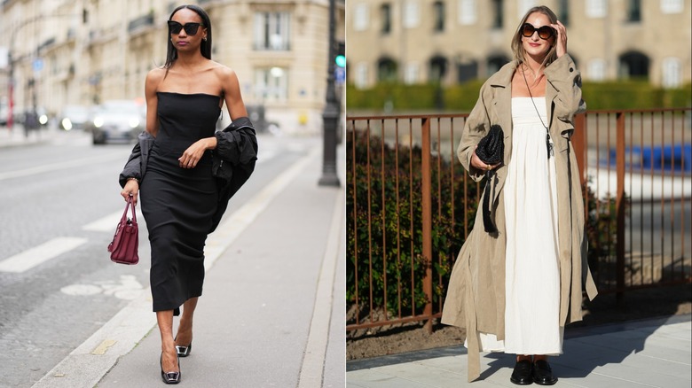 Emilie Joseph con un vestido ajustado negro sin tirantes y una chaqueta y un bolso color burdeos en París en abril de 2026 / Una invitada con un vestido largo blanco sin tirantes, una gabardina beige y mocasines durante la Semana de la Moda de Copenhague en julio de 2026