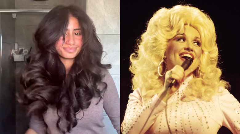 Izquierda: Una mujer con un peinado ondulado y lleno de vida. Derecha: Dolly Parton con una explosión rubia alrededor de los años 1970.