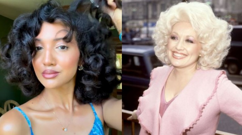 Izquierda: una mujer con cabello corto y rizado. Derecha: Dolly Parton con una peluca rubia corta alrededor de 1978.