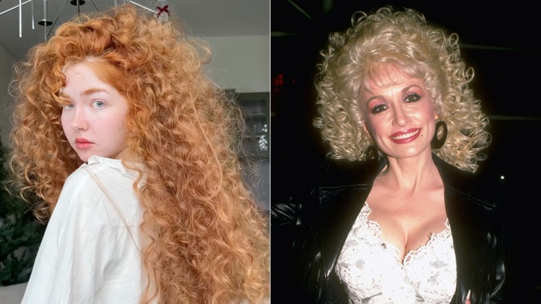 Izquierda: una mujer con cabello largo y rizado. Derecha: Dolly Parton con rizos apretados en la década de 1980.