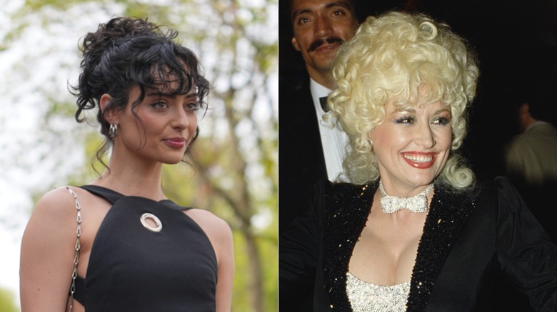 Izquierda: una mujer con el pelo oscuro y rizado recogido en un moño. Derecha: Dolly Parton en el estreno de 