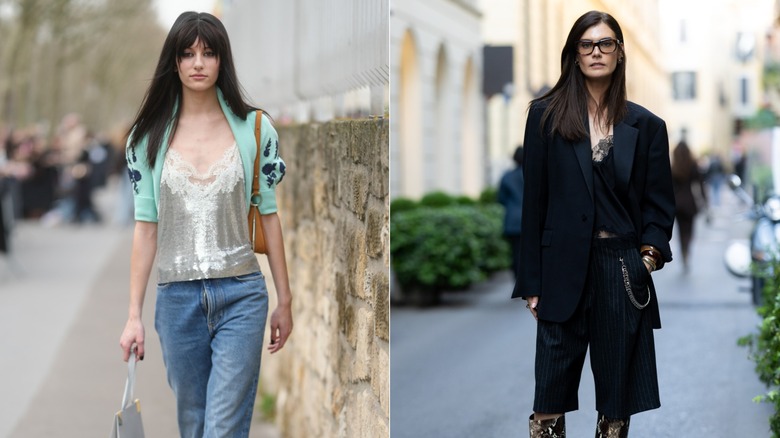 Una invitada durante la Semana de la Moda de París vistiendo una camisola de lentejuelas con adornos de encaje y un cárdigan verde menta en marzo de 2026 / Una persona vistiendo una camisola de encaje negra y una chaqueta negra durante la Semana del Diseño de Milán en abril de 2026