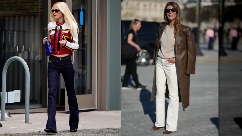 La modelo alemana Laura Abla con jeans bootcut y una chaqueta de corredor en Los Ángeles en julio de 2026 / Nina García con jeans bootcut color crema, un suéter de cuello redondo y una gabardina de cuero marrón durante la Semana de la Moda de París en marzo de 2026