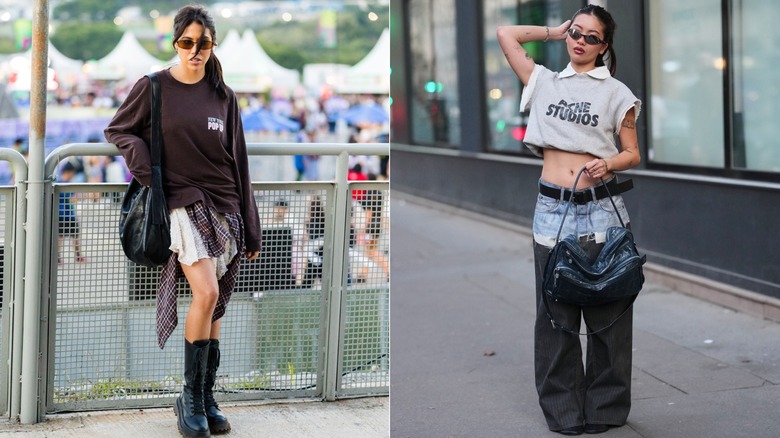 Un asistente al festival con una sudadera marrón, una camisa de franela, una falda de encaje y botas durante Lollapalooza Brasil en Sao Paulo en marzo de 2026 / Un invitado con una sudadera corta y jeans holgados con retazos durante la Semana de la Moda de París en marzo de 2026