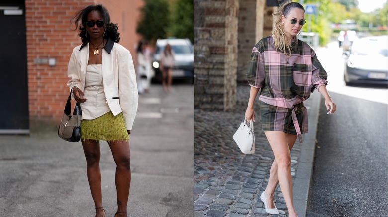 Una invitada con una minifalda con flecos de cuentas color verde guisante, un corsé color crema y una chaqueta durante la Semana de la Moda de Copenhague en agosto de 2026 / Una invitada con un minivestido a cuadros rosa y verde durante la Semana de la Moda de Copenhague en agosto de 2026