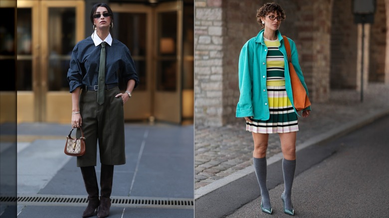 Marisa Lauren con una camisa preppy abotonada y corbata con culottes verde oliva y botas de ante marrón / Irina Kro Eicke con un top de punto a rayas, falda plisada y una sobrecamisa turquesa durante la Semana de la Moda de Copenhague en agosto de 2026