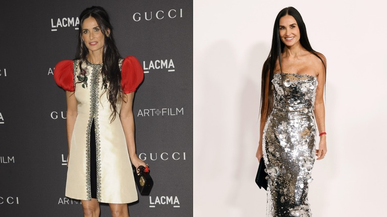 (I) Demi Moore sonríe con un vestido corto blanco con mangas abullonadas rojas (R) Demi Moore sonríe con un vestido con incrustaciones de lentejuelas