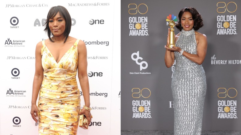 (I) Angela Bassett sonríe con un vestido amarillo floral (R) Angela Bassett sonríe con un vestido plateado de cuello alto