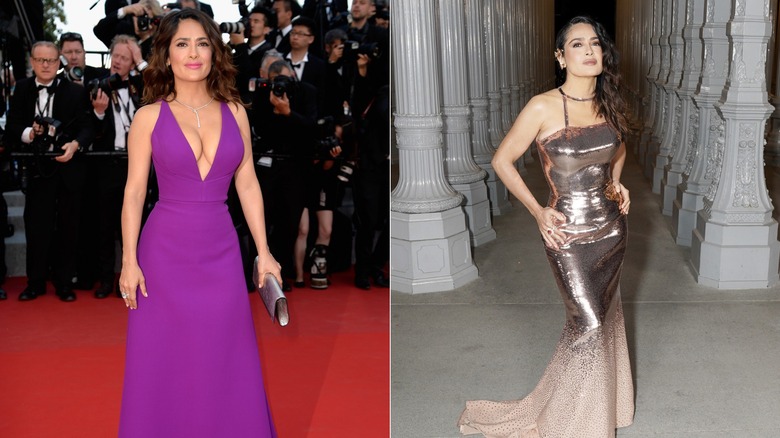 (I) Salma Hayek sonríe con un vestido morado de corte profundo (R) Salma Hayek posa con un vestido color bronce