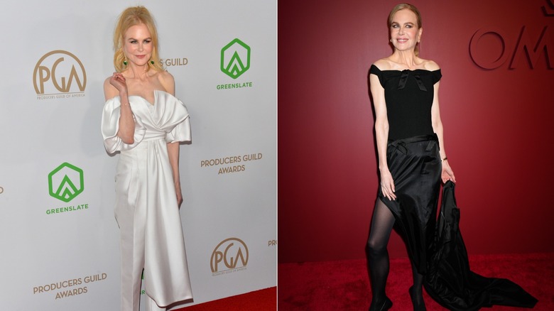 (I) Nicole Kidman sonríe con un vestido blanco con hombros abullonados (R) Nicole Kidman posa con un top negro y una falda de satén