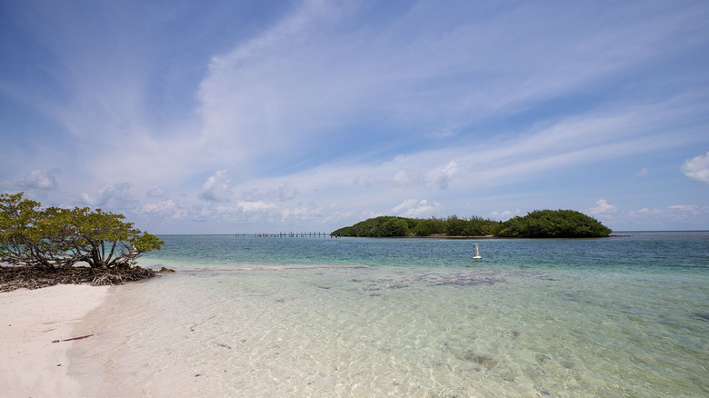 Cielos azules y agua azul del océano con una playa de arena en Boca Chica Key, Florida