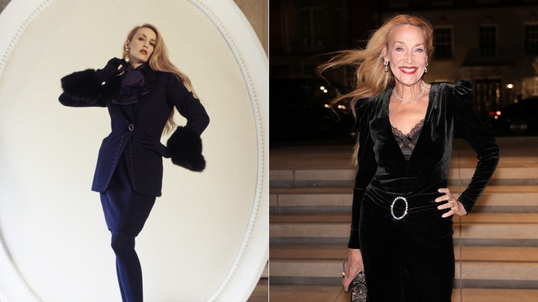Un joven Jerry Hall con un traje azul a medida / Un Jerry Hall mayor con un vestido de terciopelo negro
