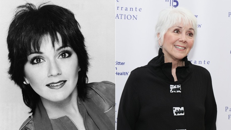 Retrato promocional de la actriz estadounidense Joyce DeWitt para el programa de televisión 'Three's Company', 1978 junto a una foto de ella en la alfombra roja de 2024 con el pelo gris.