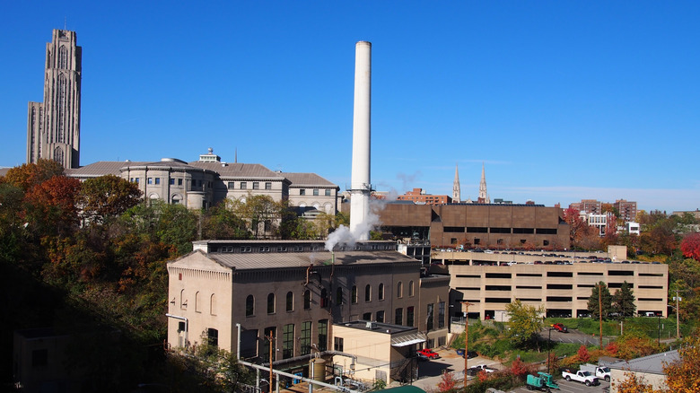 Horizonte de Oakland, con la Catedral del Aprendizaje a la izquierda, la pila blanca de Bellefield Boiler Plant en el centro y árboles otoñales alrededor de grandes edificios blancos y marrones a su alrededor, con dos agujas de iglesia distantes al fondo, bajo un cielo azul.