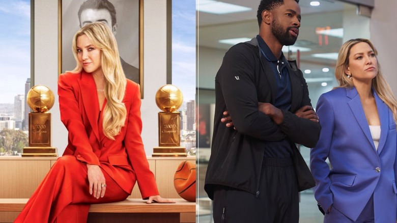 Kate Hudson con un traje de poder rojo junto a Kate Hudson con un traje de poder azul con Jay Ellis