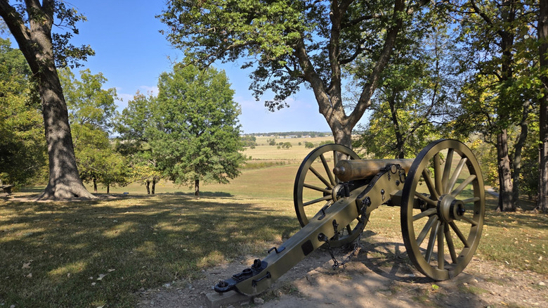 Un cañón de artillería en una colina que domina el campo en Prairie Grove Battlefield State Park, Arkansas